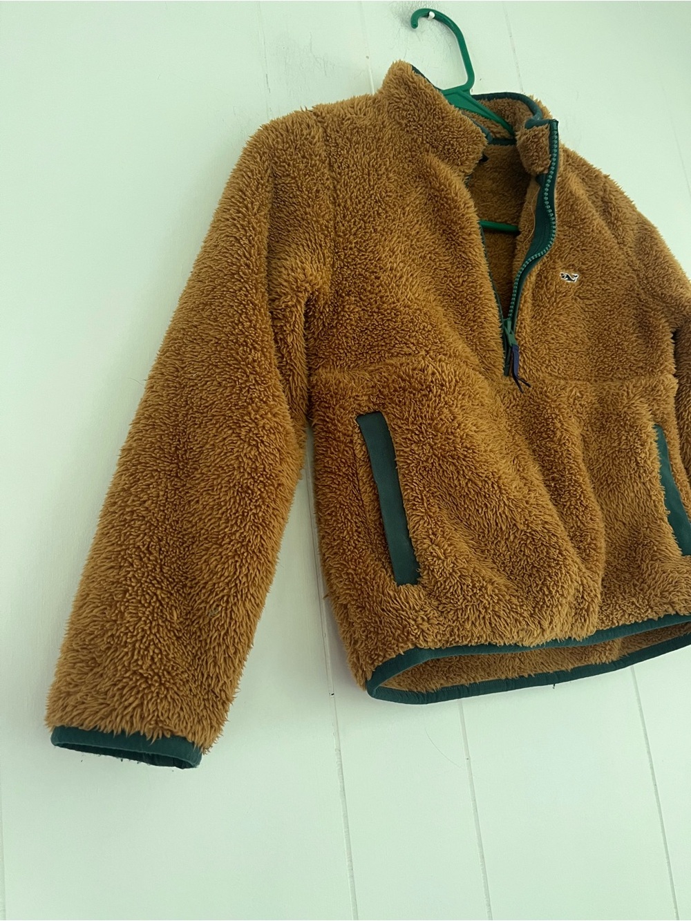 Vineyard Vines Kids Tan Carmel Sherpa Plush Jacket Green Trim Whale Size 7 - Picture 4 of 8
